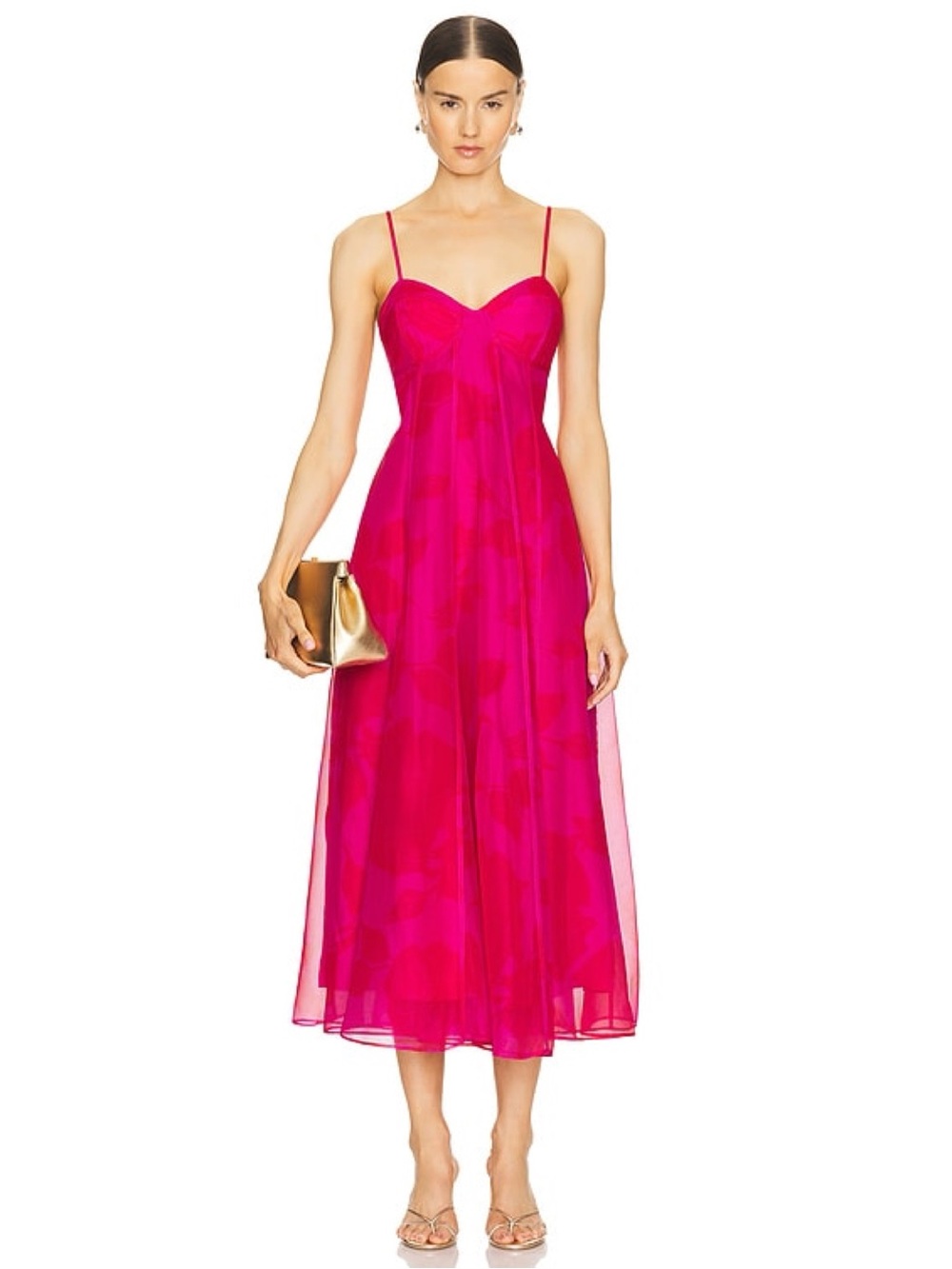 AJE Sway Paneled Red & Pink Fluorescent Rose Spaghetti Strap Midi Dress